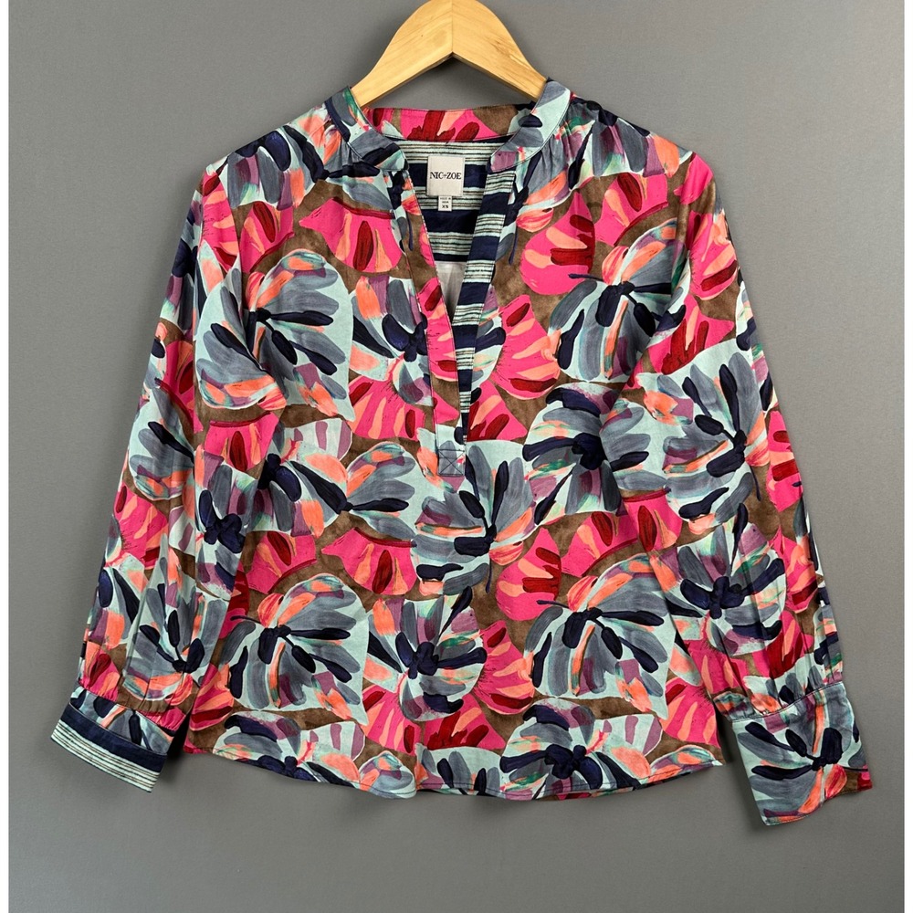 NIC+ZOE Tropical Leaf Print Popover Blouse Pink Blue S251610 XS